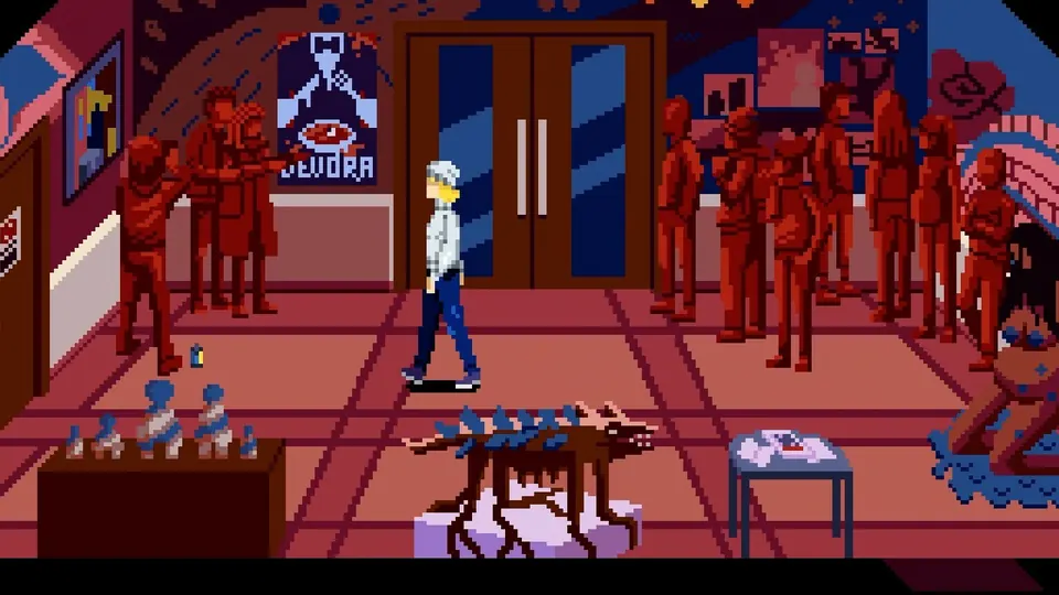 Red robed figures surrounding the hero